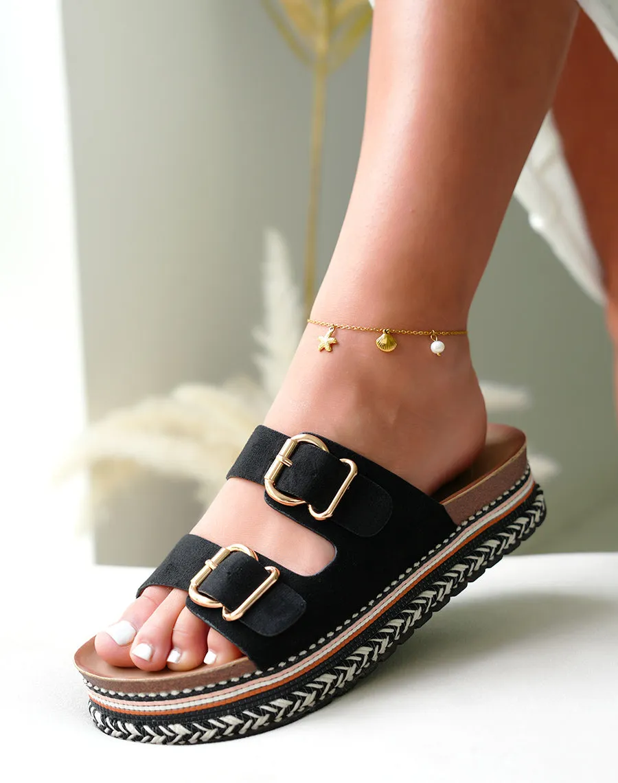 Mules femmes noires à double sangles avec détails aztèques