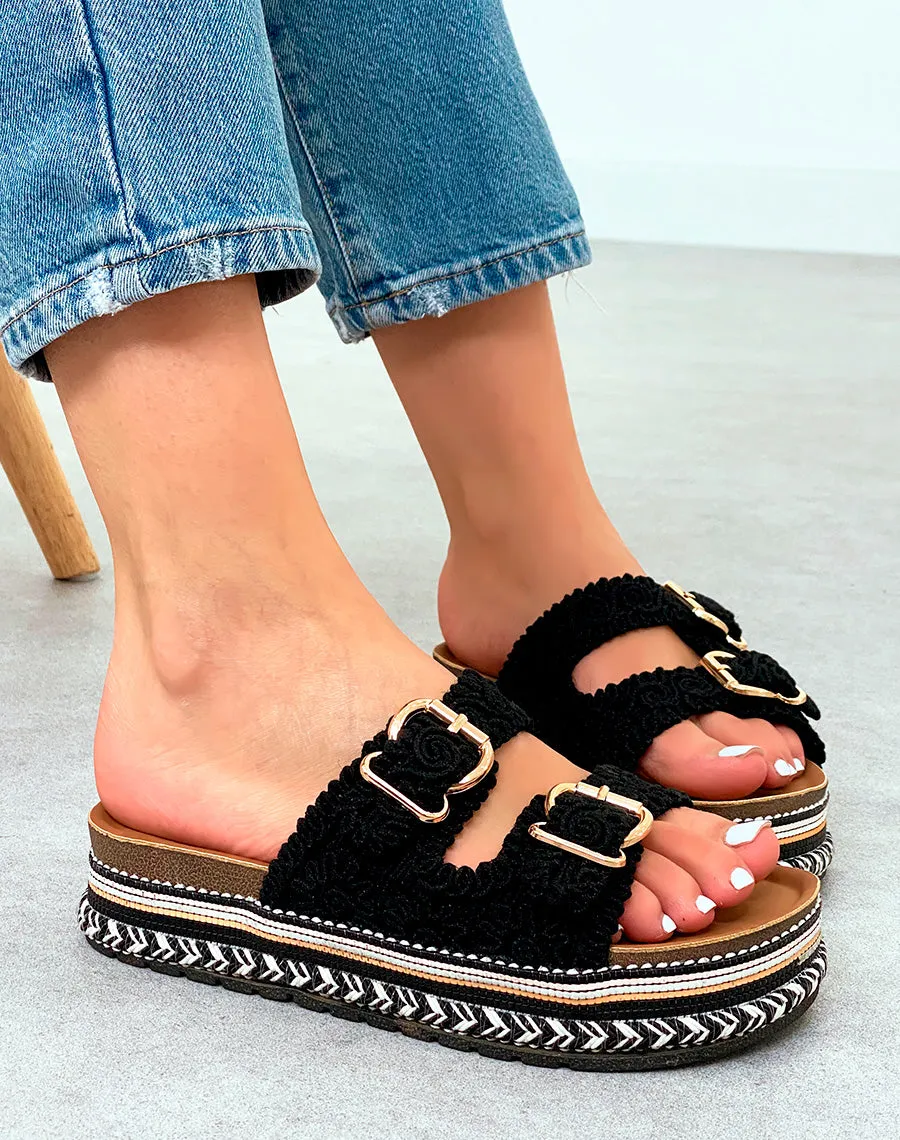Mules Noires Brodées à Plateforme Aztèque – Tendance