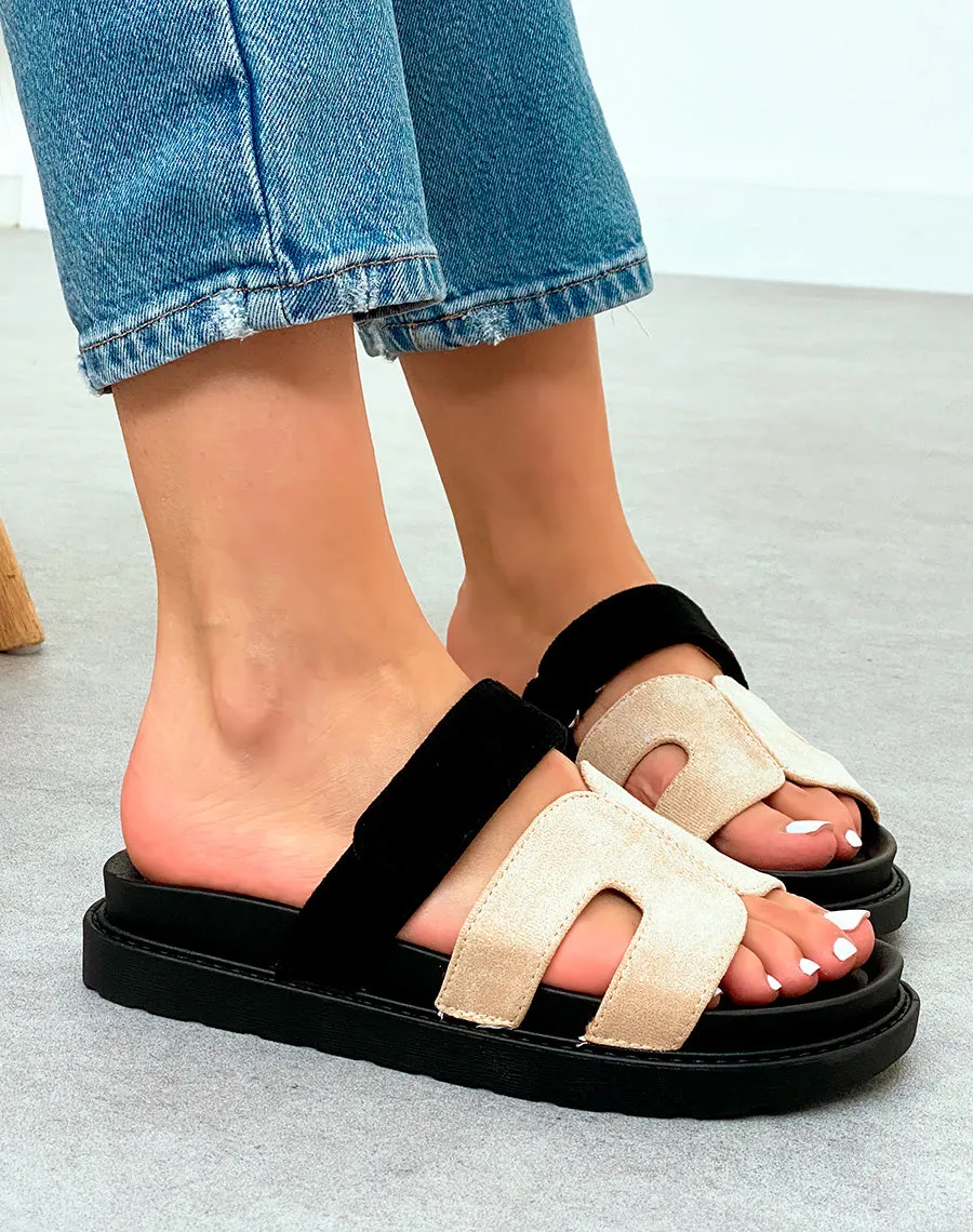 Mules Suédine Beige Modernes avec Bride en H et Fermeture Scratch – Confort et Style