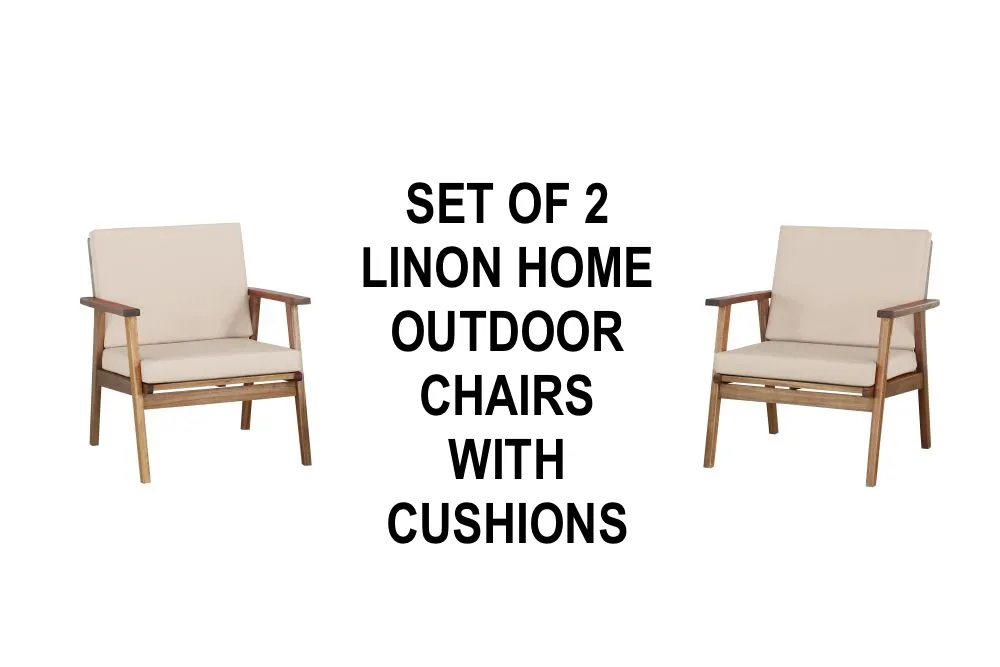 New in box! Linon Home Outdoor Teak Finish Acacia Wood Chair Set in Natural! Includes 2 chairs with Fade Resistant Performance Fabric Cushions! Retails $599 