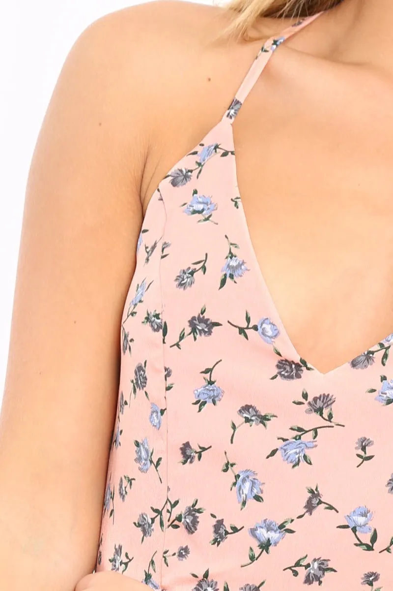 Nude Floral Frill Playsuit - Bethany