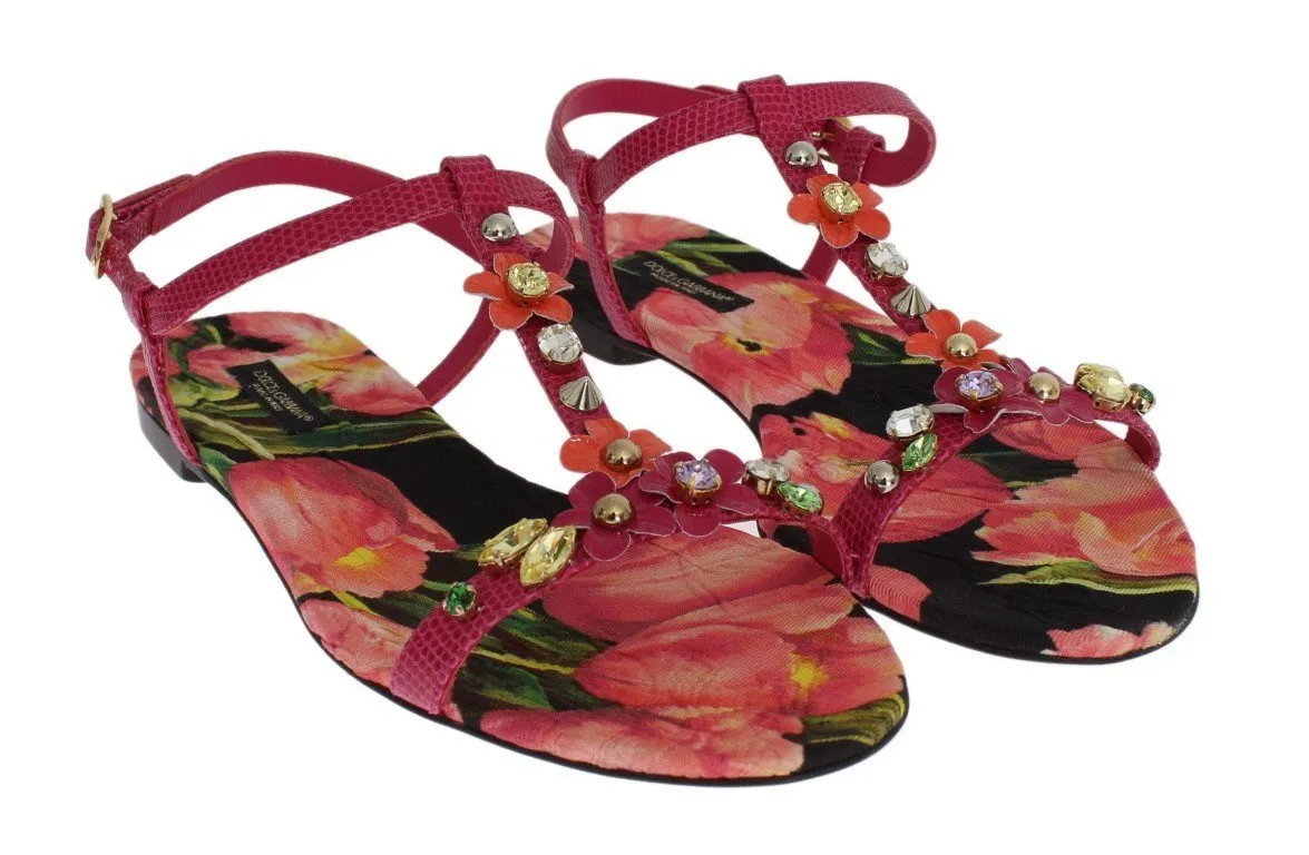 Pink Lizard Crystal Floral Sandals