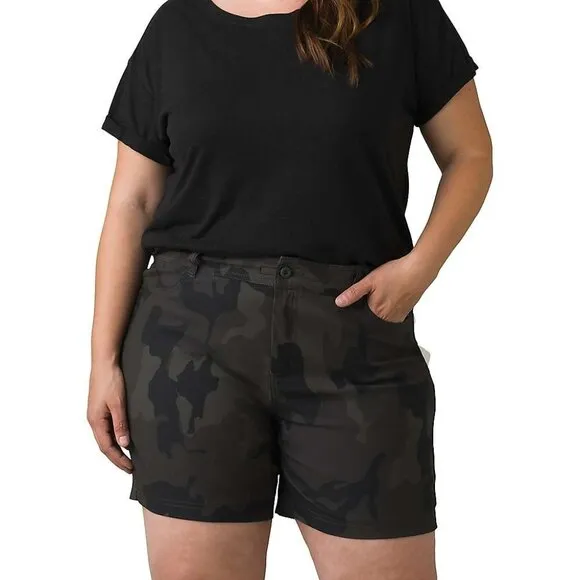 PrAna Halle Short Plus II Charcoal Camo Womens 22/07 Mid-Rise Moisture Wicking
