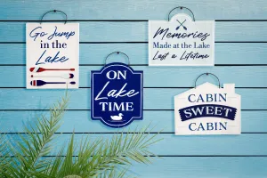 Printed Metal Hanging Blue Lake & Lodge Sign,p4666