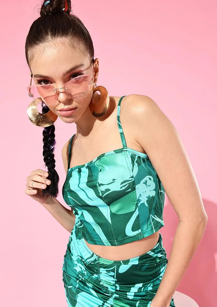 Printed Thin Strap Corset Top And Ruched Mini Skirt Co-ord Set
