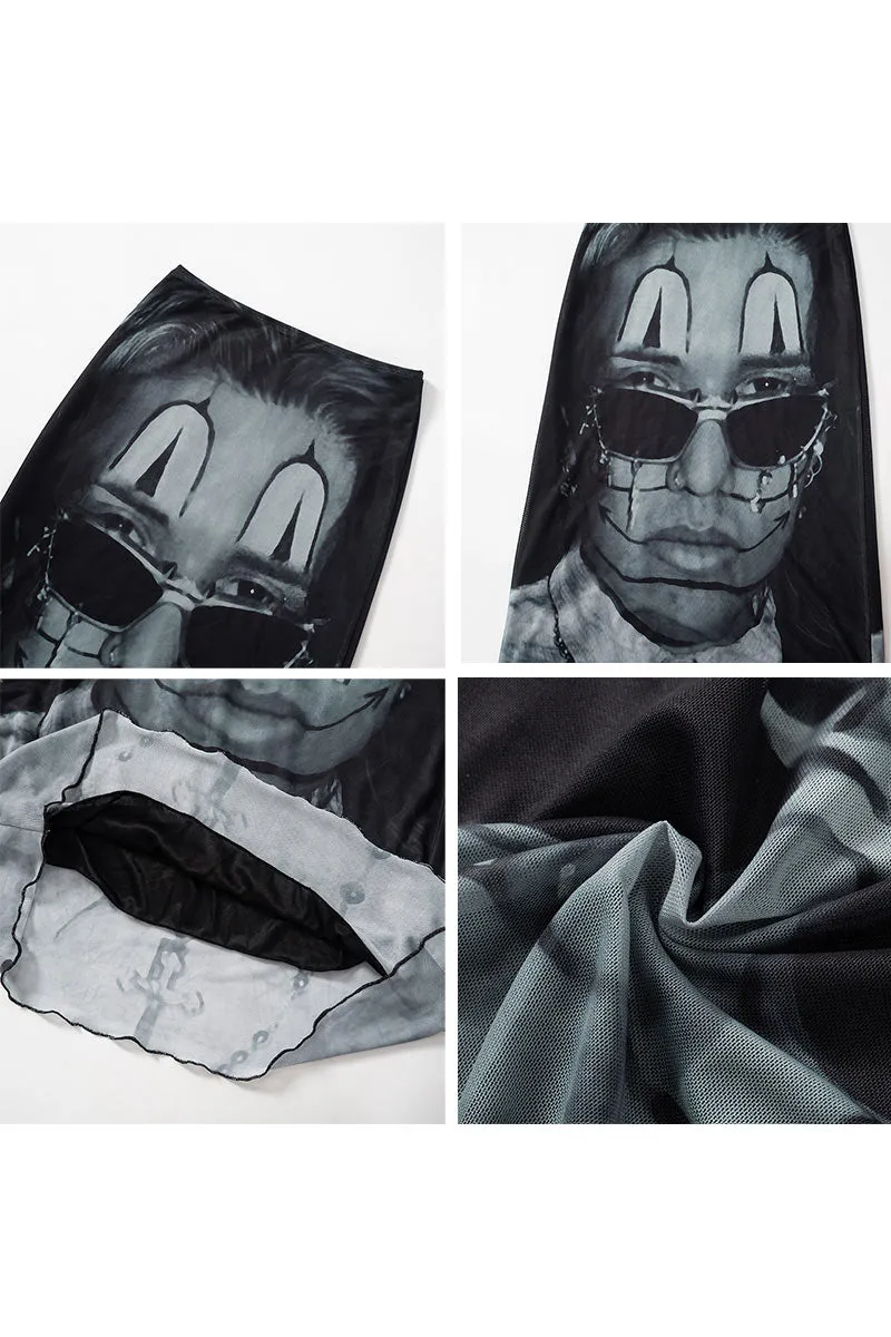 QK616 Portrait Print Midi Skirt