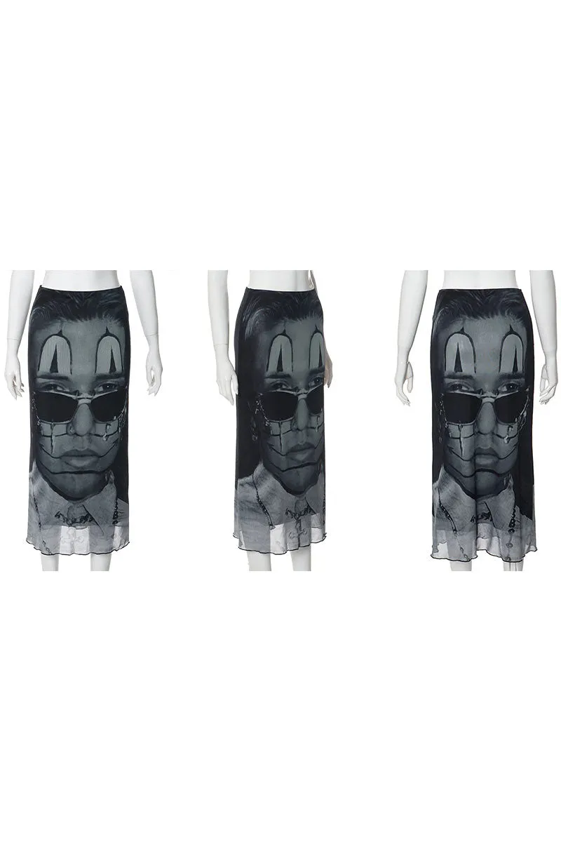 QK616 Portrait Print Midi Skirt