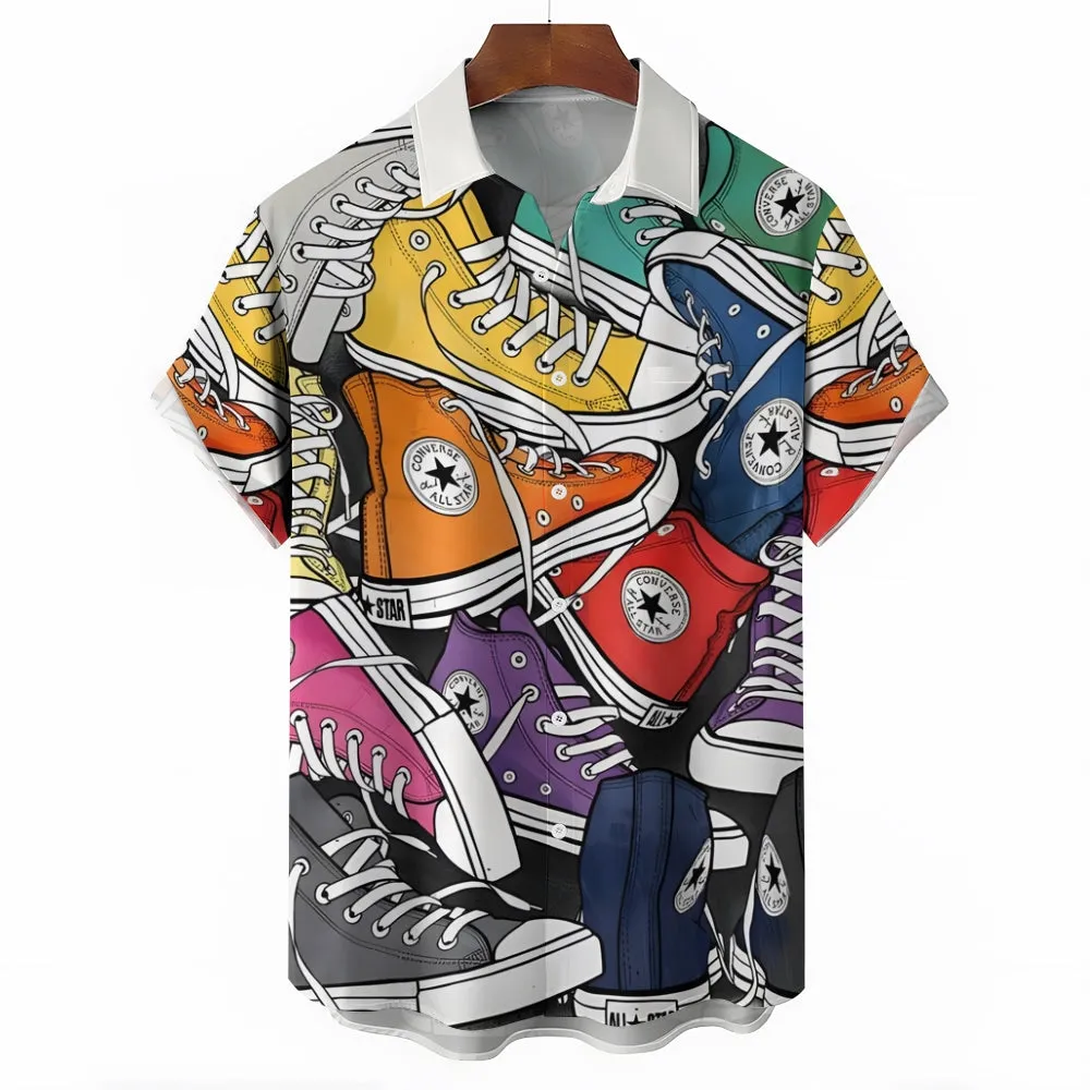 Retro Nostalgic Canvas Shoes PrintCasual Short Sleeve Shirt 2403000096
