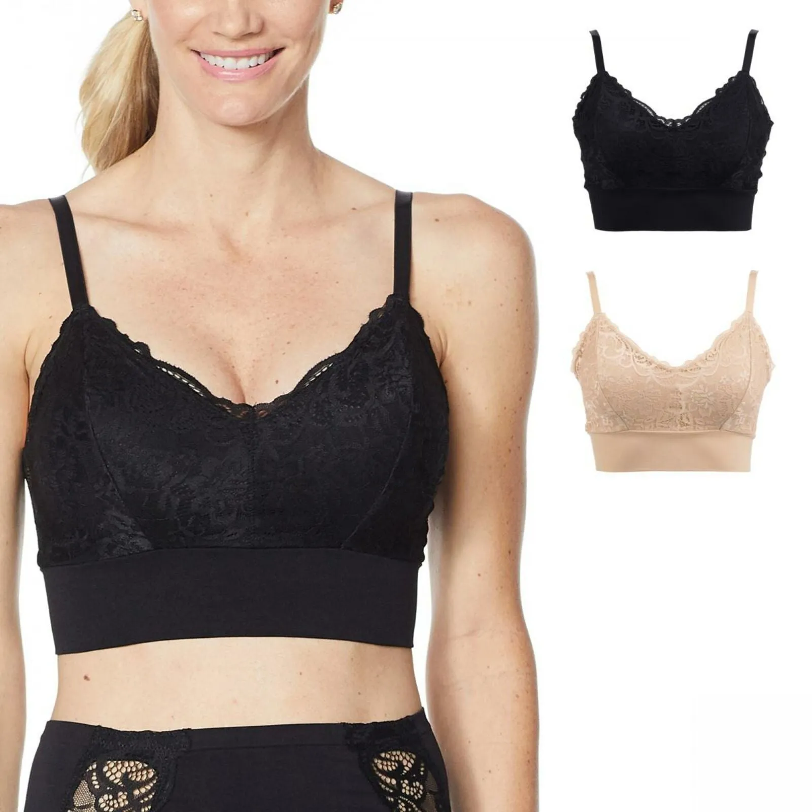 Rhonda Shear 2 Pack Lace Leisure Bras With Removable Pads Black/ Nude Large