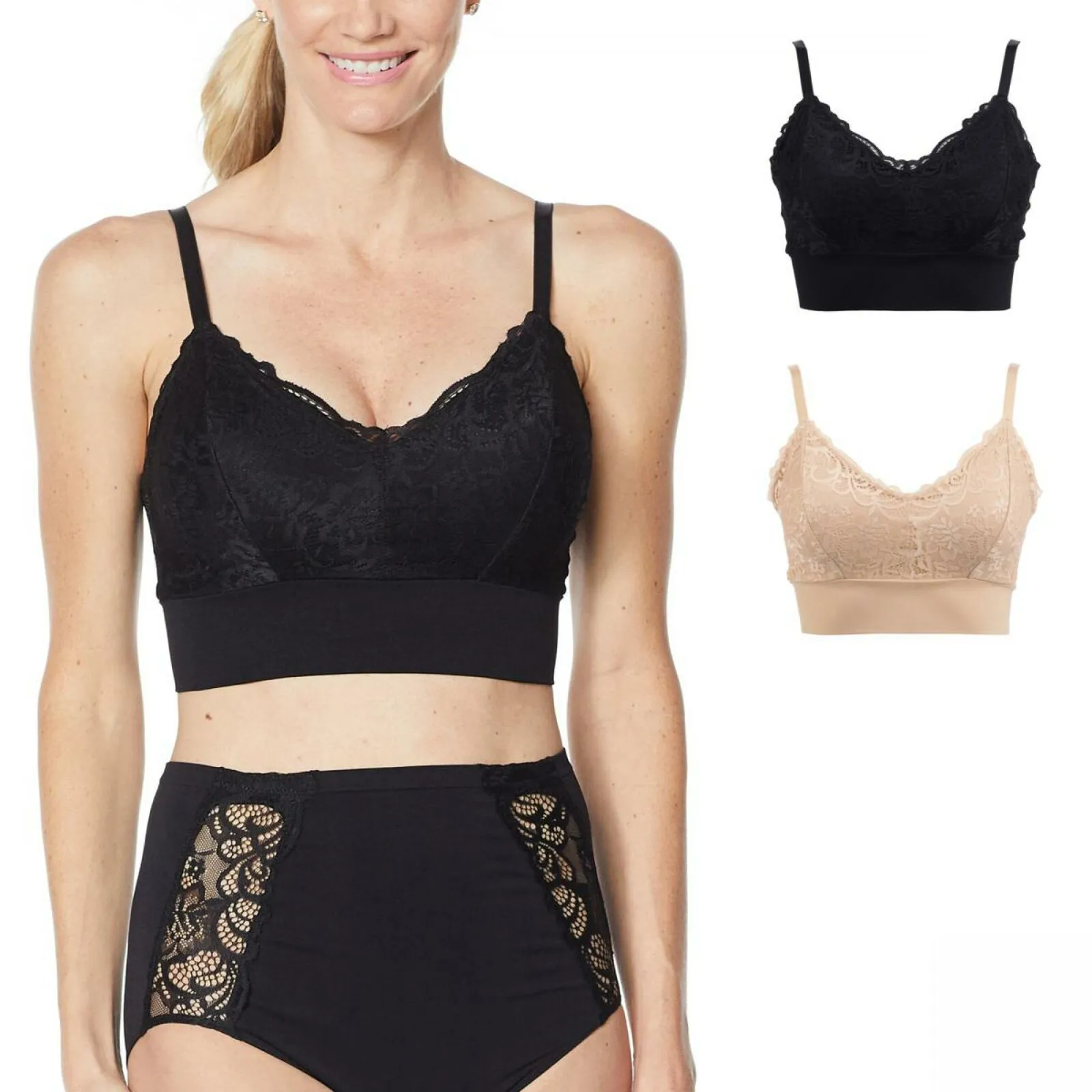 Rhonda Shear 2 Pack Lace Leisure Bras With Removable Pads Black/ Nude Plus 2X