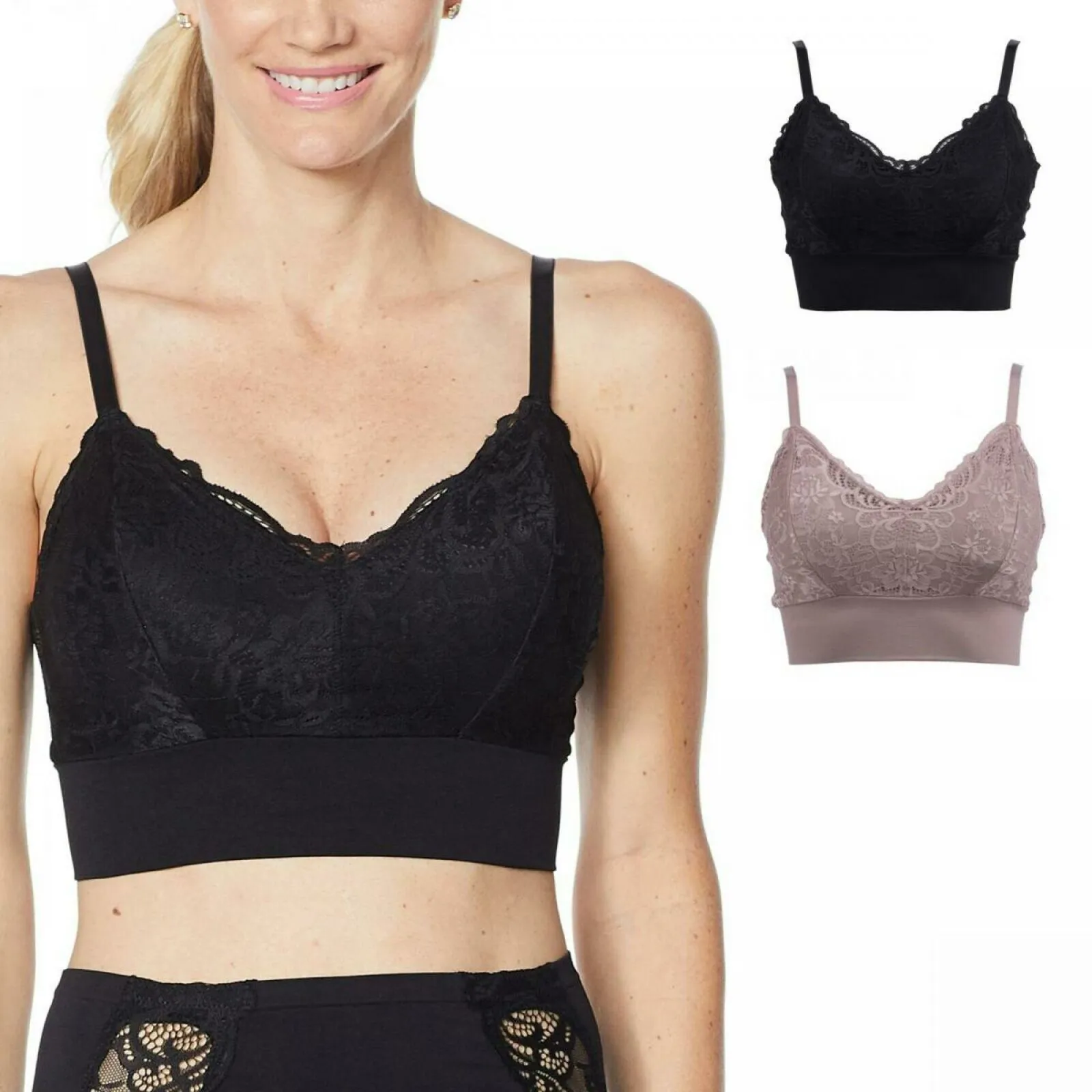 Rhonda Shear 2 Pack Lace Leisure Bras With Removable Pads Mocha/ Black Large