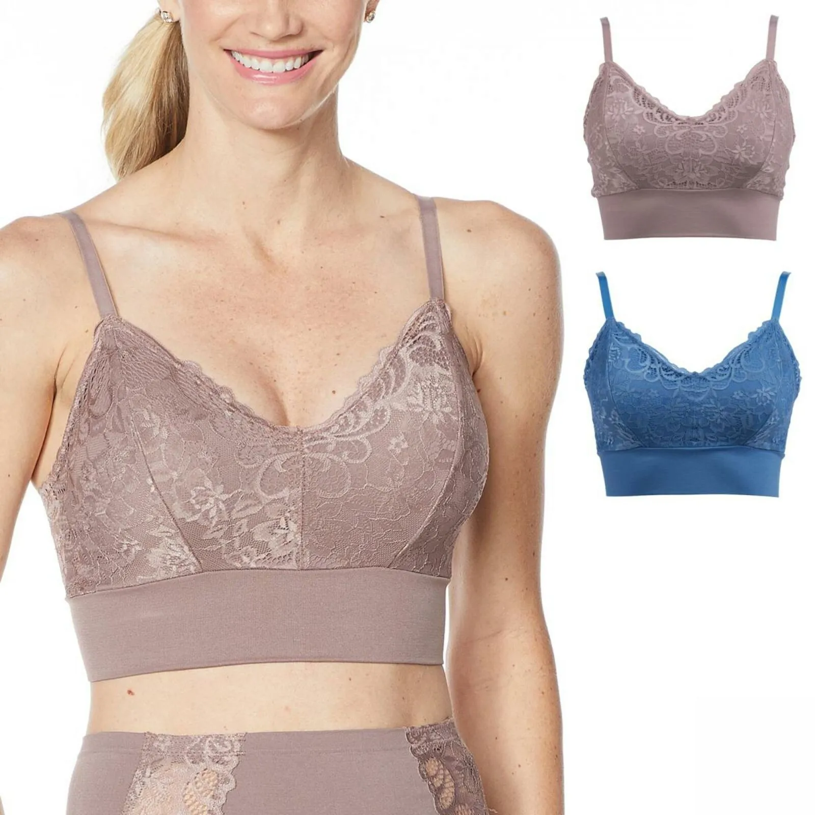 Rhonda Shear 2 Pack Lace Leisure Bras With Removable Pads Mocha/ Blue Plus 2X