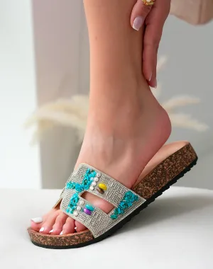 Sandales Mules Femme Argentées Esprit Festif à Strass Multicolores