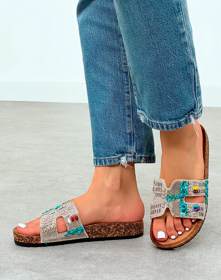 Sandales Mules Femme Argentées Esprit Festif à Strass Multicolores