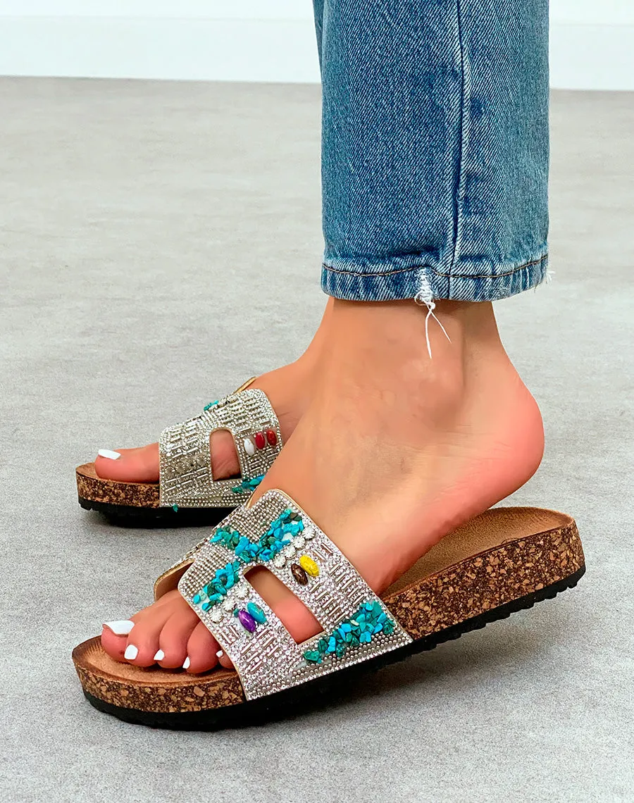 Sandales Mules Femme Argentées Esprit Festif à Strass Multicolores