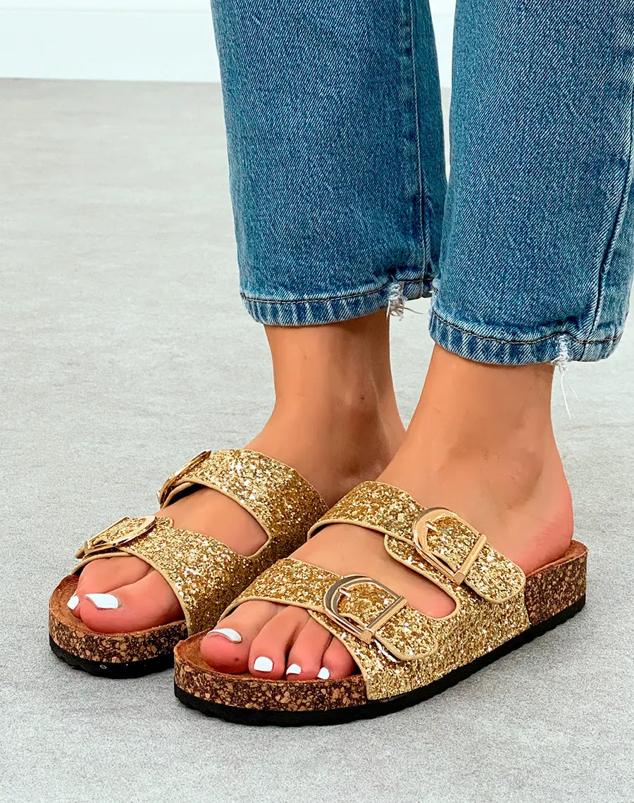Sandales Mules Femme Dorées Pailletées avec Semelle Confort