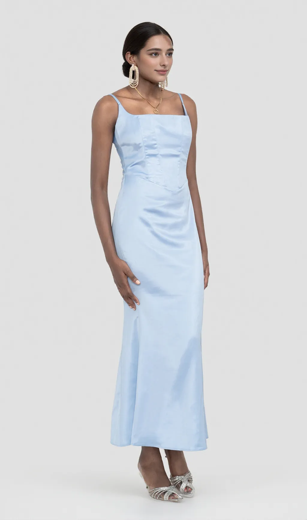 SATIN CORSET MAXI DRESS IN BLUE