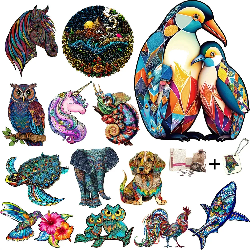 Set 2 Unique Wooden Animal Jigsaw Puzzle, Animal Shape, Wooden Jigsaw Puzzle, Mindfulness & Educational Animals Game for All Ages, Unique Sustainable, Wildlife Gift, Christmas gift Idea C161