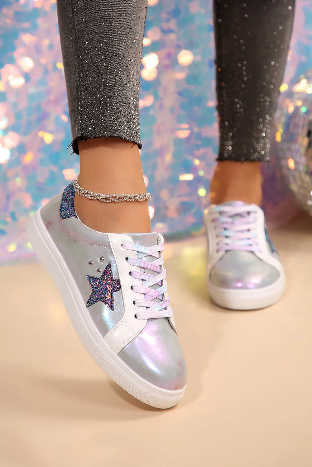 Silvery Star Sequin Patchwork Criss Cross Casual Shoes