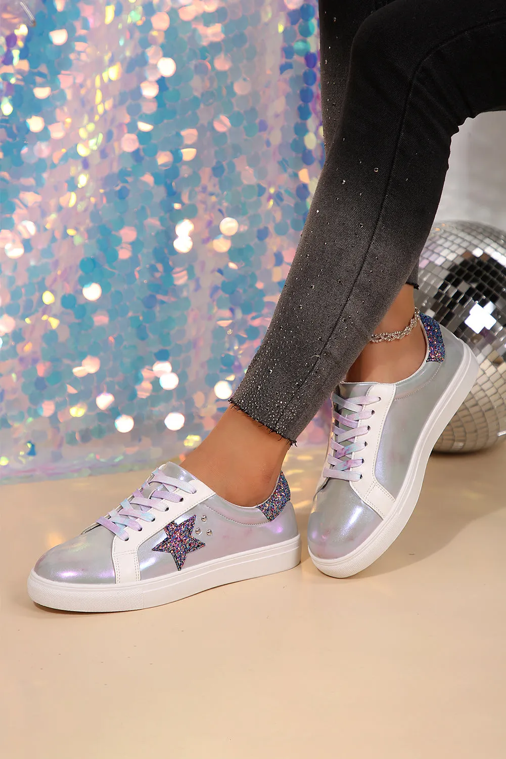 Silvery Star Sequin Patchwork Criss Cross Casual Shoes