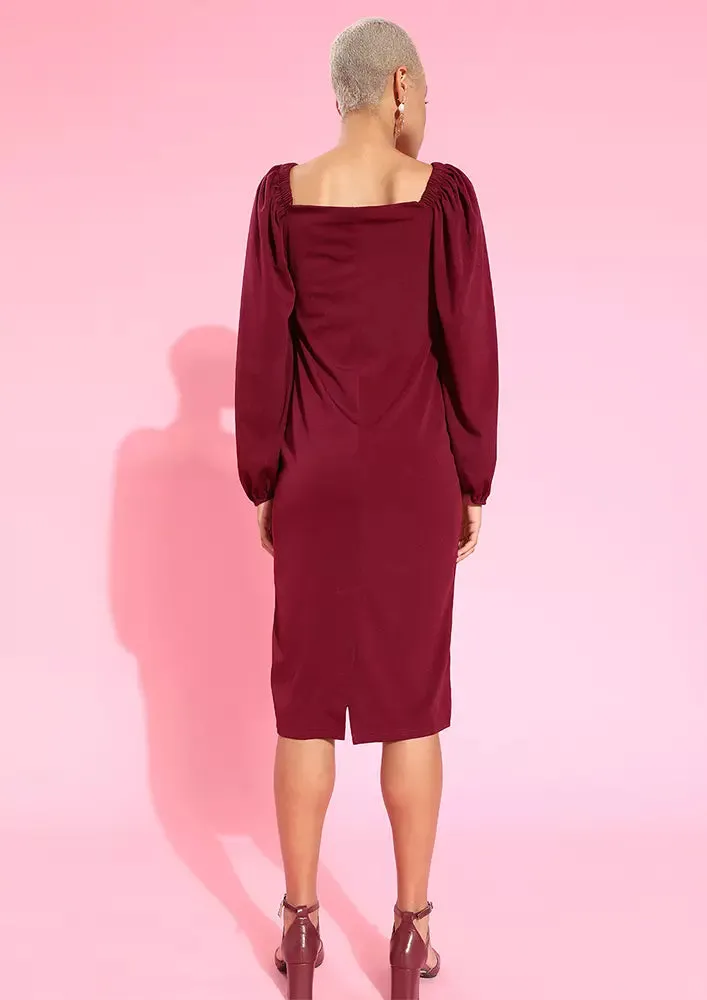 Solid Puff Sleeve Detail Bodycon Fit Midi Dress