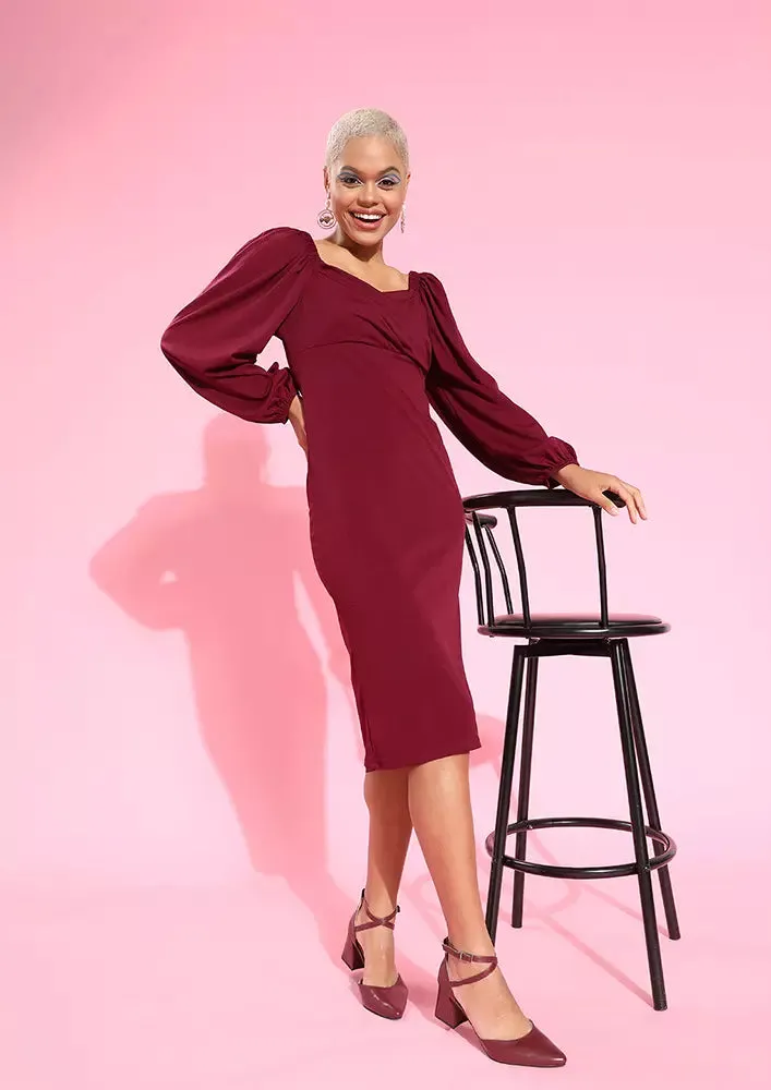 Solid Puff Sleeve Detail Bodycon Fit Midi Dress