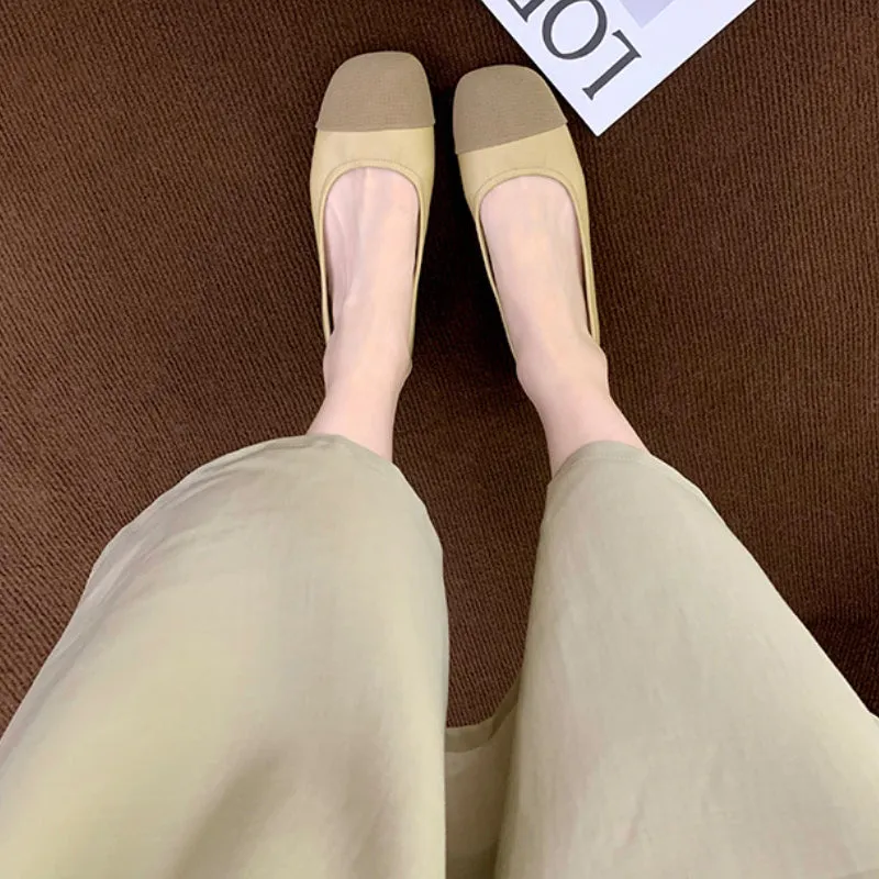 Square Toe Soft Sole Thick Heel Women's Shoes Color Matching Shallow Mouth Flat Shoes