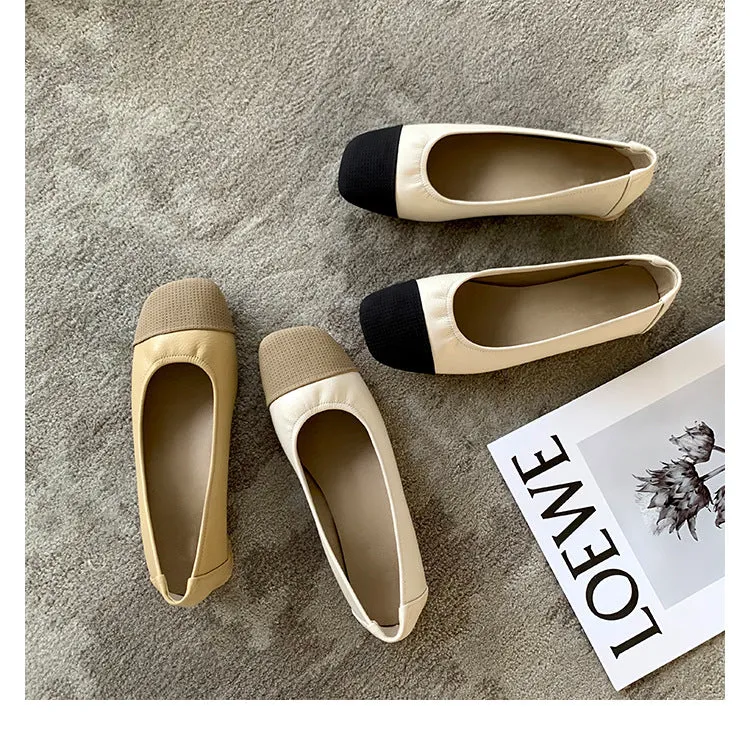 Square Toe Soft Sole Thick Heel Women's Shoes Color Matching Shallow Mouth Flat Shoes