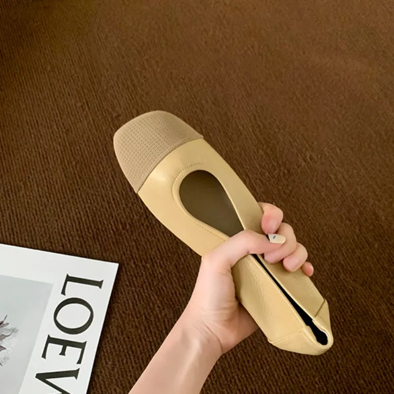 Square Toe Soft Sole Thick Heel Women's Shoes Color Matching Shallow Mouth Flat Shoes
