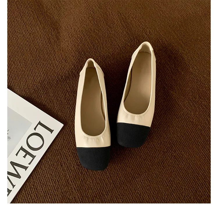 Square Toe Soft Sole Thick Heel Women's Shoes Color Matching Shallow Mouth Flat Shoes