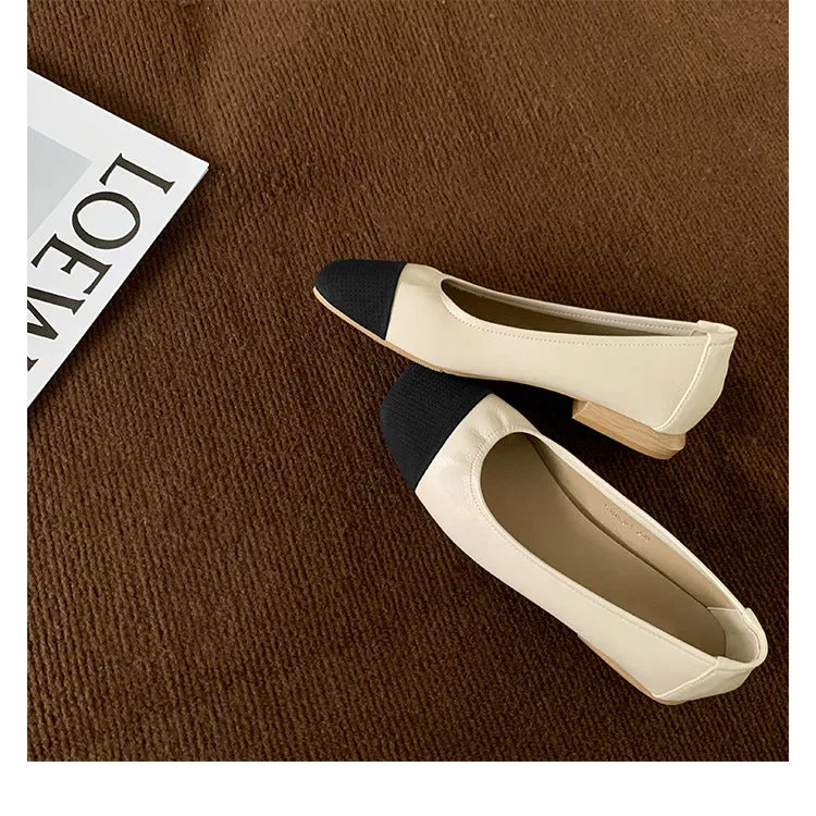 Square Toe Soft Sole Thick Heel Women's Shoes Color Matching Shallow Mouth Flat Shoes