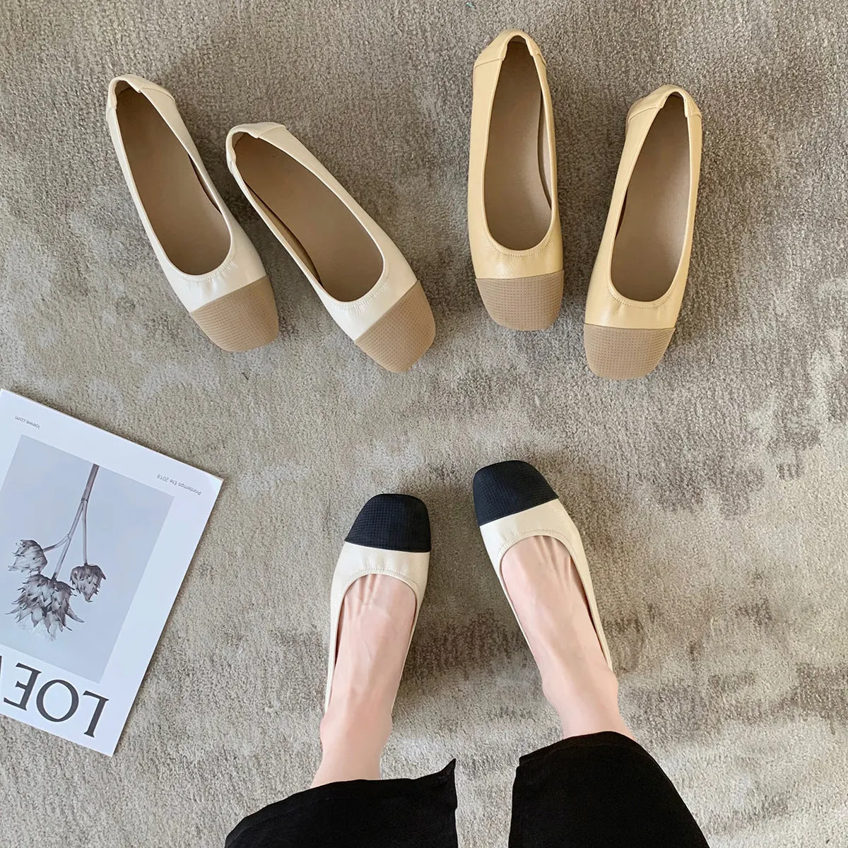 Square Toe Soft Sole Thick Heel Women's Shoes Color Matching Shallow Mouth Flat Shoes
