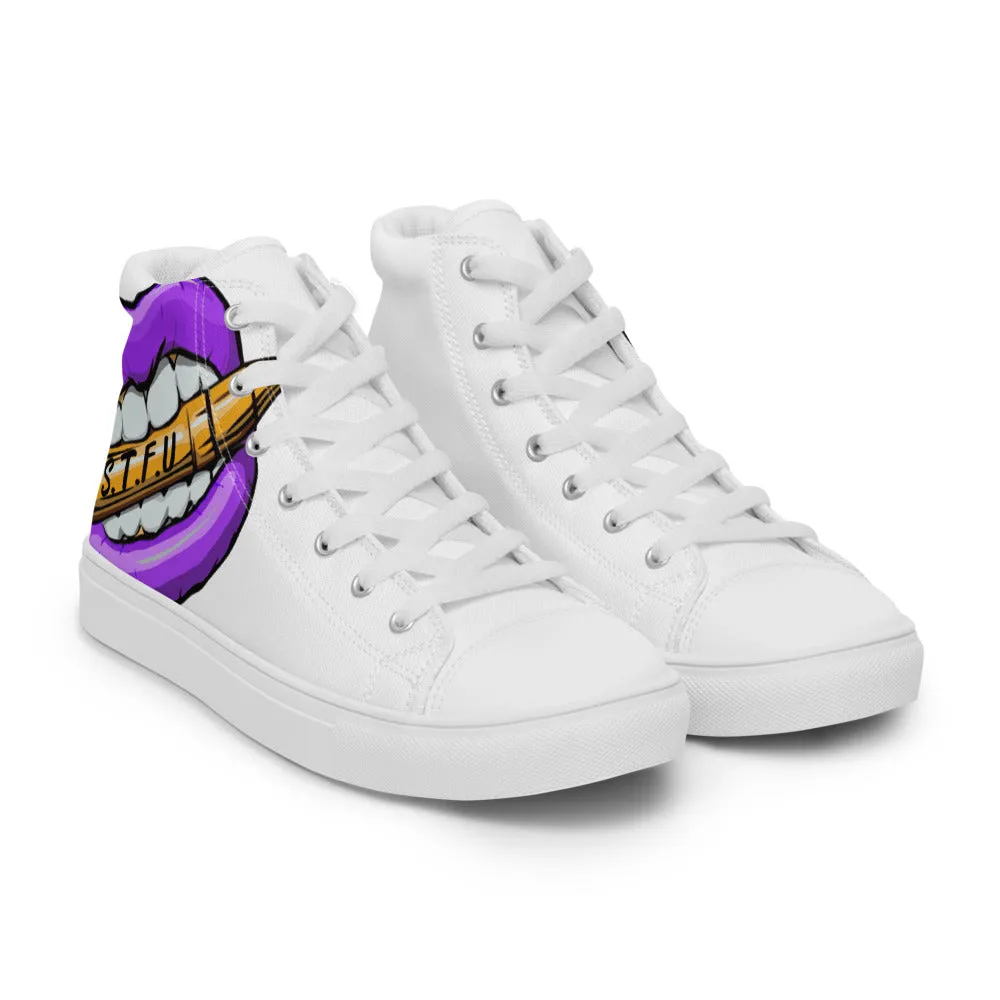 STFU Electric Purple Logo Women’s High Top Canvas Shoes - White