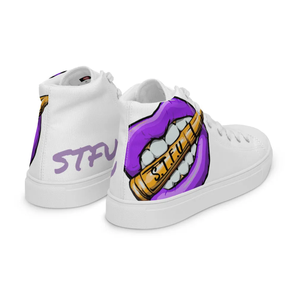 STFU Electric Purple Logo Women’s High Top Canvas Shoes - White