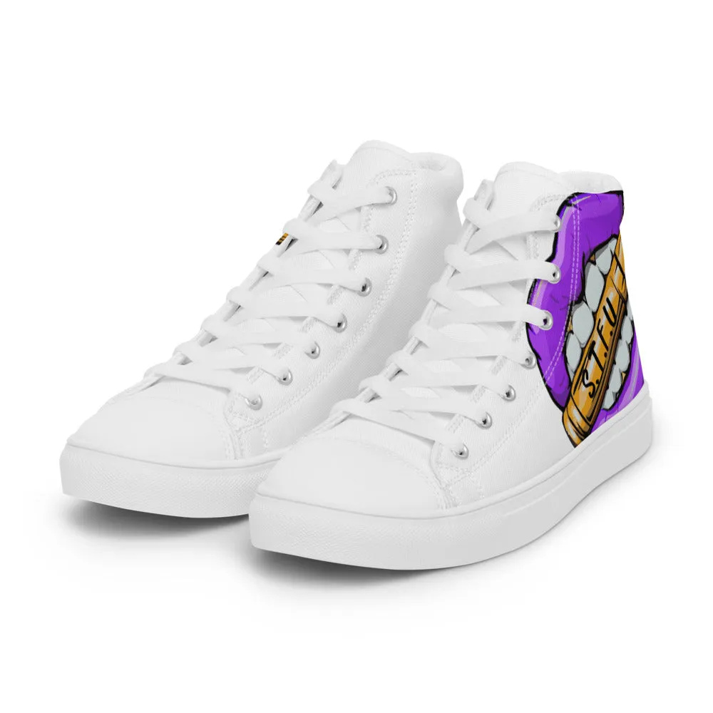 STFU Electric Purple Logo Women’s High Top Canvas Shoes - White