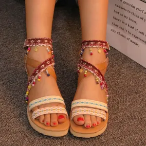 Summer Bohemian National Style Beaded Sandals Sweet Casual Large Size Women's Shoes