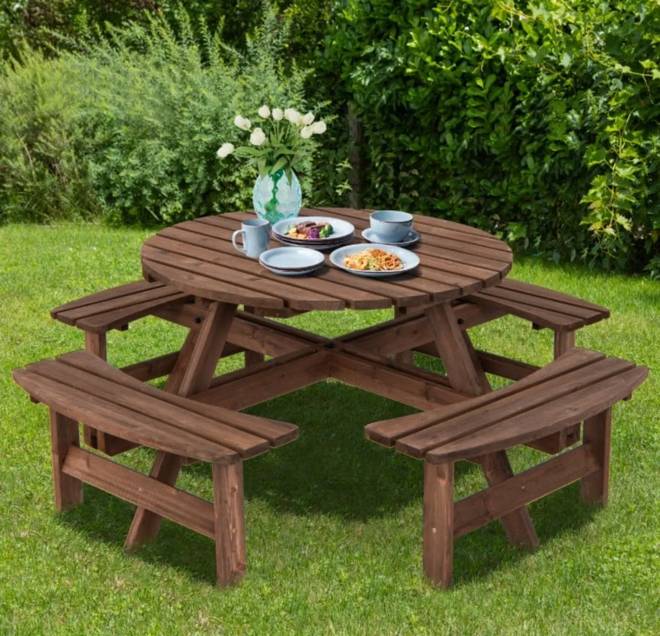 Super Cool Big 8 Seater Rustic Wood Design Patio Picnic Table Dining Seat Bench | Large Benches | Heavy Duty