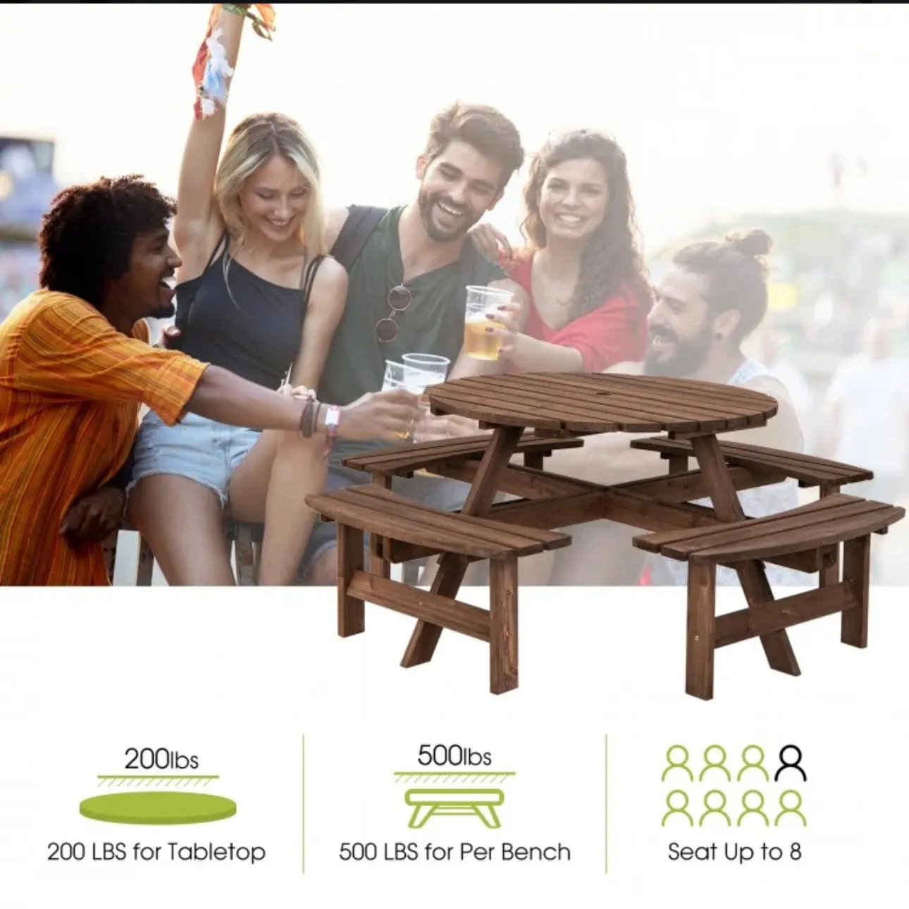 Super Cool Big 8 Seater Rustic Wood Design Patio Picnic Table Dining Seat Bench | Large Benches | Heavy Duty