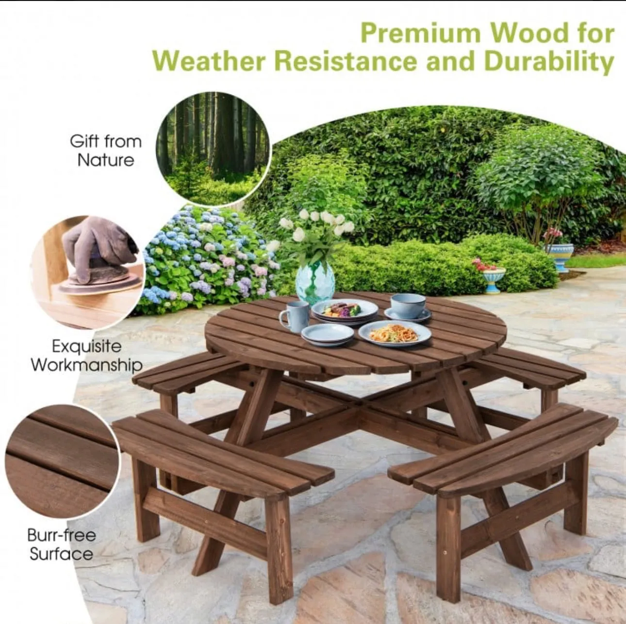Super Cool Big 8 Seater Rustic Wood Design Patio Picnic Table Dining Seat Bench | Large Benches | Heavy Duty