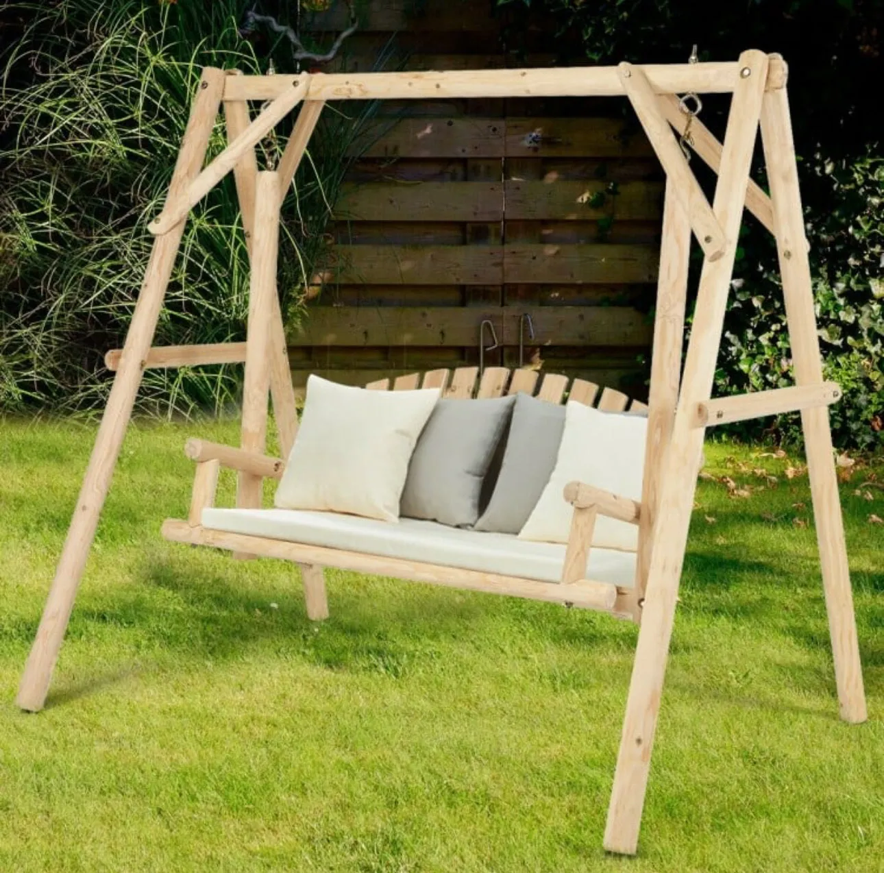 Super Duty Very Comfortable Outdoor Wooden Porch Patio Swing Bench Chair With Rustic Curved Back
