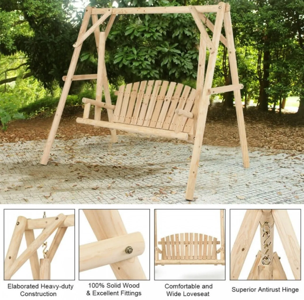 Super Duty Very Comfortable Outdoor Wooden Porch Patio Swing Bench Chair With Rustic Curved Back