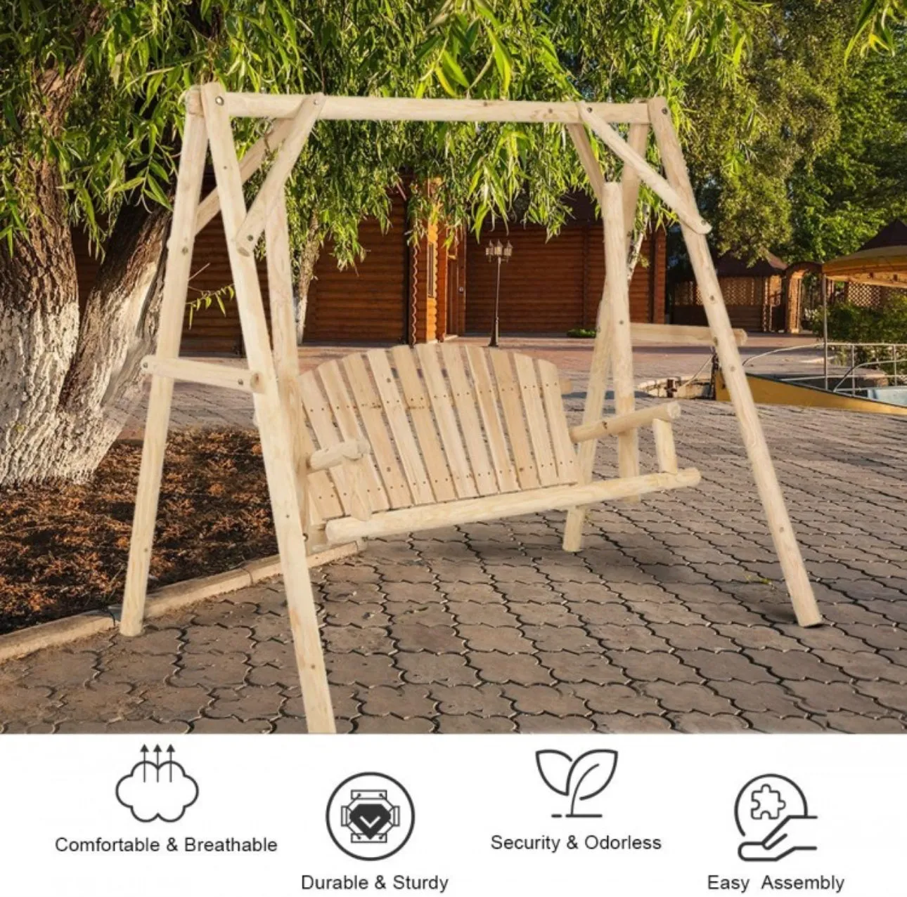 Super Duty Very Comfortable Outdoor Wooden Porch Patio Swing Bench Chair With Rustic Curved Back