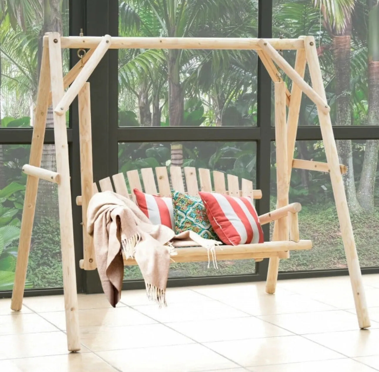 Super Duty Very Comfortable Outdoor Wooden Porch Patio Swing Bench Chair With Rustic Curved Back