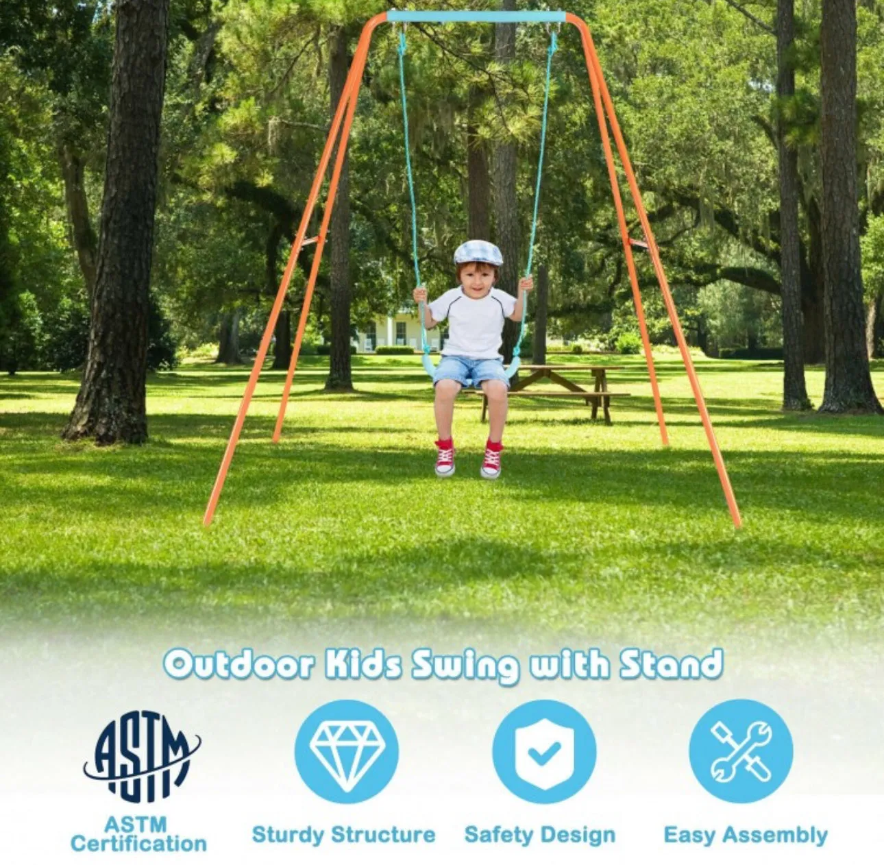 Super Fun Heavy Duty Outdoor Kids Swing Set | Strong Frame | Ground Stakes | Easy Assembly | Holds 110lbs | Great For Any Playground