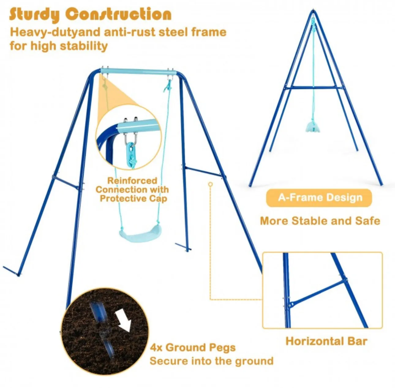 Super Fun Heavy Duty Outdoor Kids Swing Set | Strong Frame | Ground Stakes | Easy Assembly | Holds 110lbs | Great For Any Playground