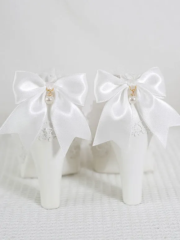 Sweet Lolita Footwear White Ruffles Bows Rose Lace Chunky Heel Lolita Pumps