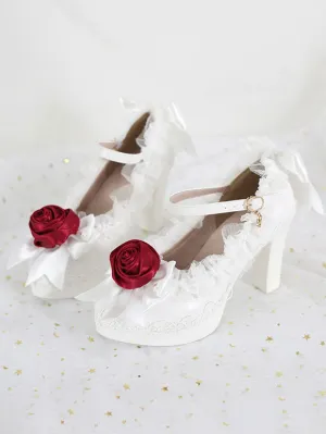 Sweet Lolita Footwear White Ruffles Bows Rose Lace Chunky Heel Lolita Pumps