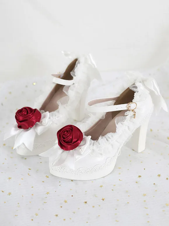 Sweet Lolita Footwear White Ruffles Bows Rose Lace Chunky Heel Lolita Pumps