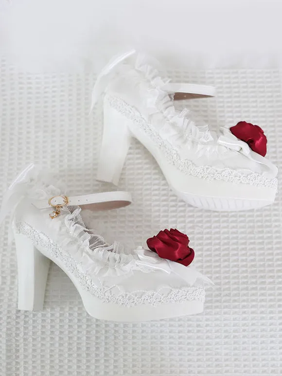 Sweet Lolita Footwear White Ruffles Bows Rose Lace Chunky Heel Lolita Pumps