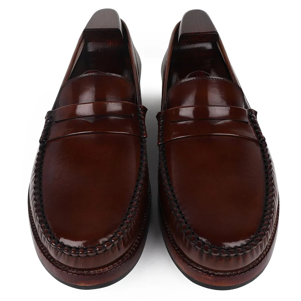 Tan Brushed Glossy Classic Moccasins With Plain Leather Sole